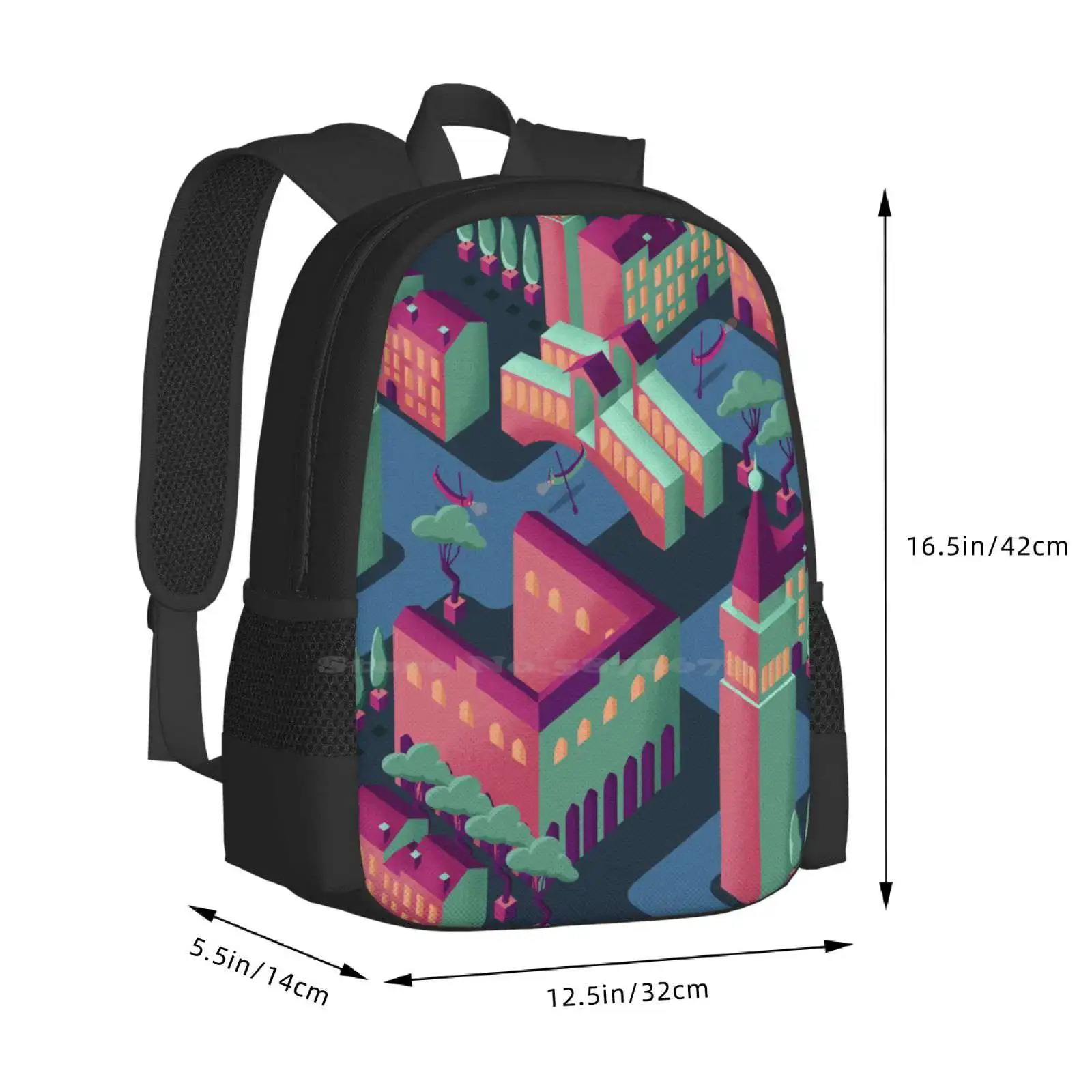 Mochila isométrica futurista de Venecia en rosa y verde, mochila con diseño de impresión 3D, bolsa para estudiantes, isométrica de Italia, futurista, futuro de una ciudad