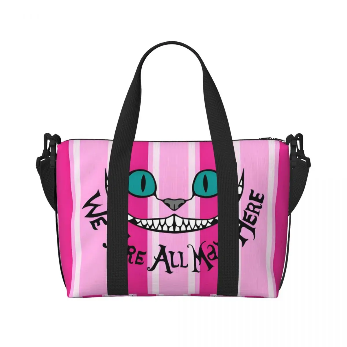 

Custom Cheshire Cat Beach Tote Bag Women Extra Large Gym Carry On We're All Mad Here Smile Cartoon Travel Shopping Bags