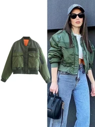 TRAF Women's Fashion Aviator Jacket Army Green Round Neck Long Sleeve Pockets Warm Jacket Autumn and Winter Women's Short Jacket