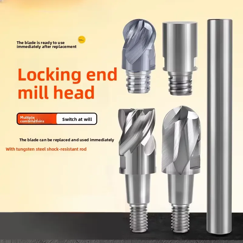 Locking Tooth Type 4-Blade Carbide Pole Ultrafine Particle End Mill Head Module Thread Connection Milling Cutter Cutter