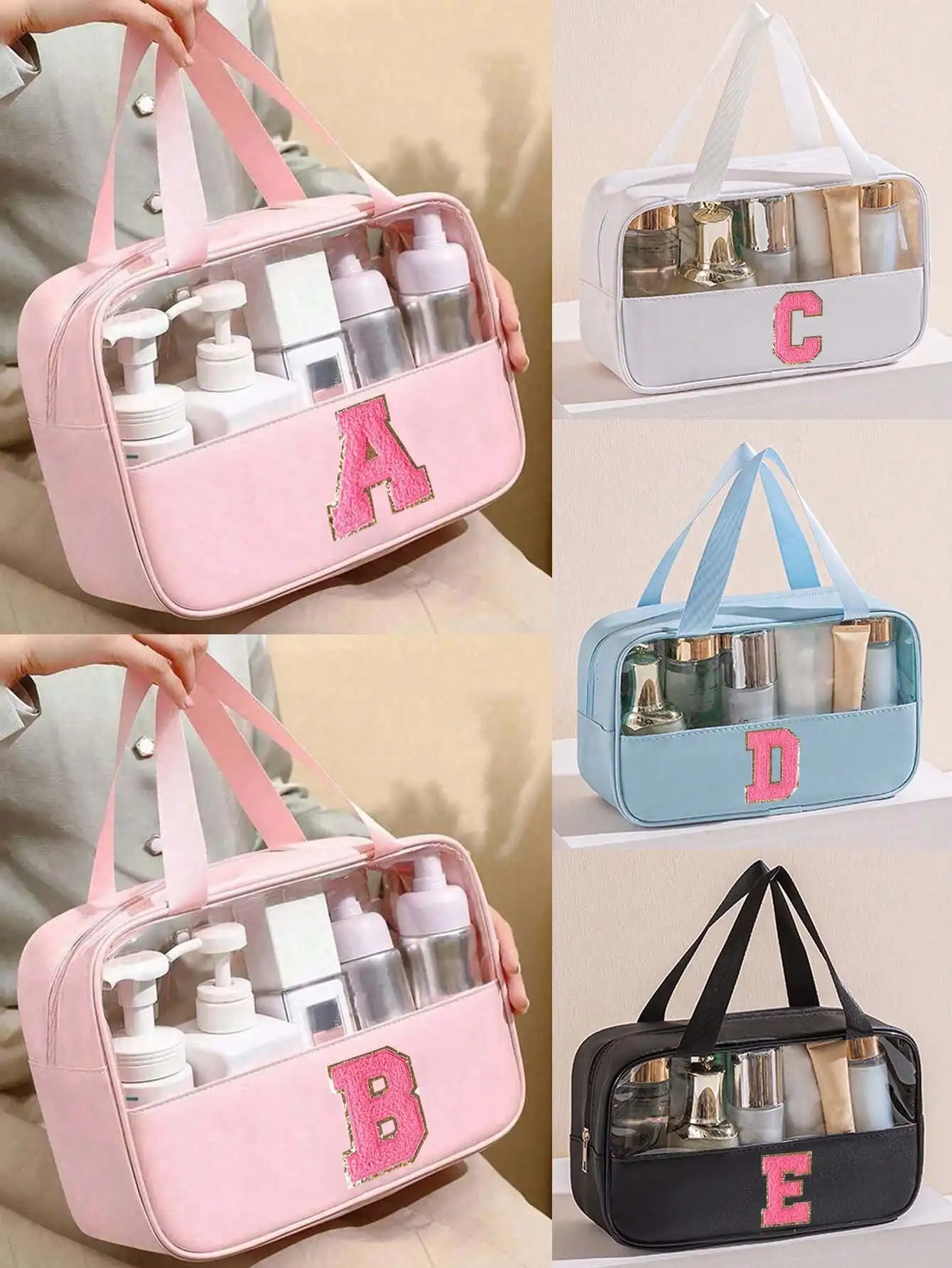 

1pc Multi-Functional PVC Toiletry Bag, Transparent PVC Cosmetic Bag, Large Capacity Makeup Bag, DIY Letter Design Makeup Bag, Waterproof Travel Organizer Bag, Minimalist Letter Patch Travel Cosmetic Bag, Suitable For Cosmetics, Perfume, Beach, School, Bat