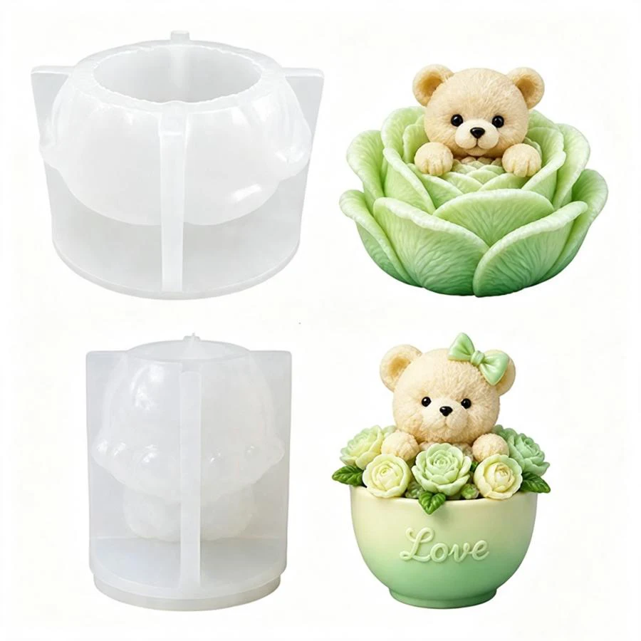 3D Niedliche Rosenblüten-Bären-Silikonform für Kerzen, DIY Bären- und Blumenförmige Kerzen-Gips-Seifen-Handwerksform, Valentinstagsgeschenk – Detail 2