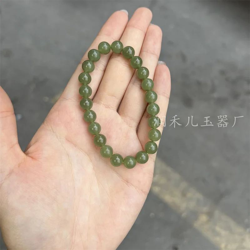 Natural Lake‑Green Round Bead Bracelet With‑ Base, Featuring Hetian Jade In A Verdant,‑Hue