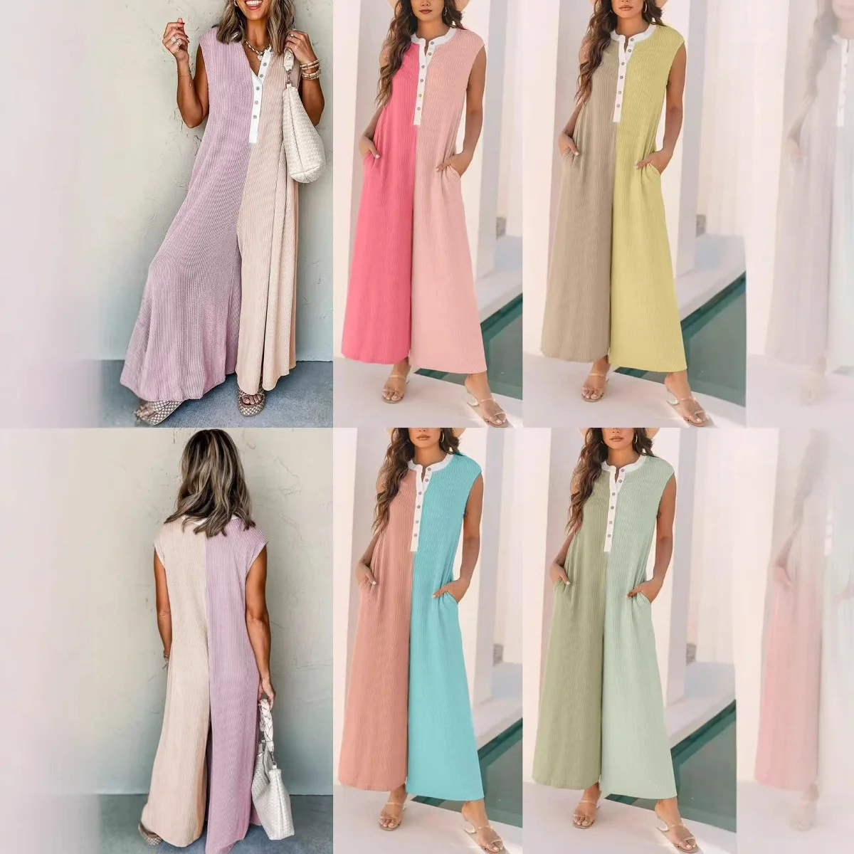

Fashion Colorblocked Sleeveless Women's Jumpsuit High Waist Wide Leg Long Pants Summer 2026 Thin Polyester Fabric Ladies Suit