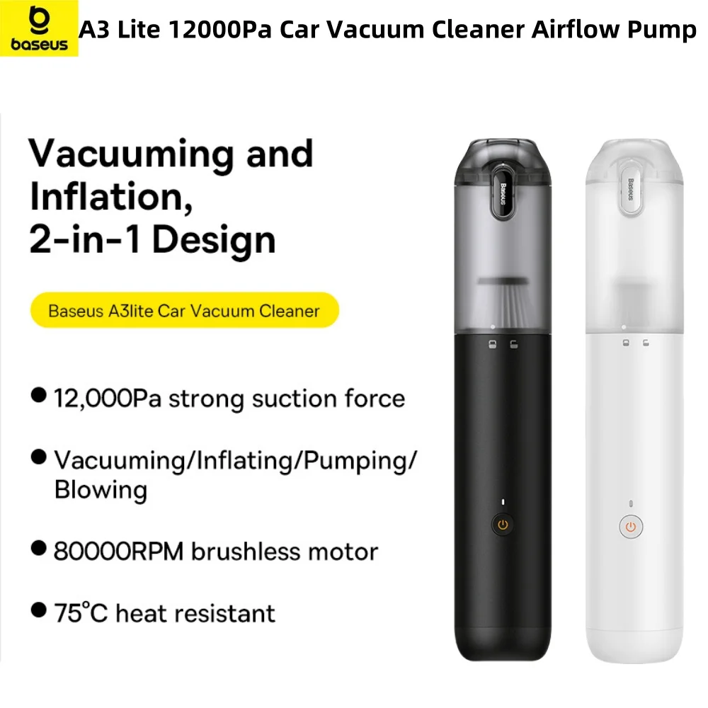 Baseus A3 Lite Car Vacuum 12000Pa Cleaner Airflow Pump Wireless Portable Car Cleaner 4-in-1 Mini Vacuum Cleaner for Car Home