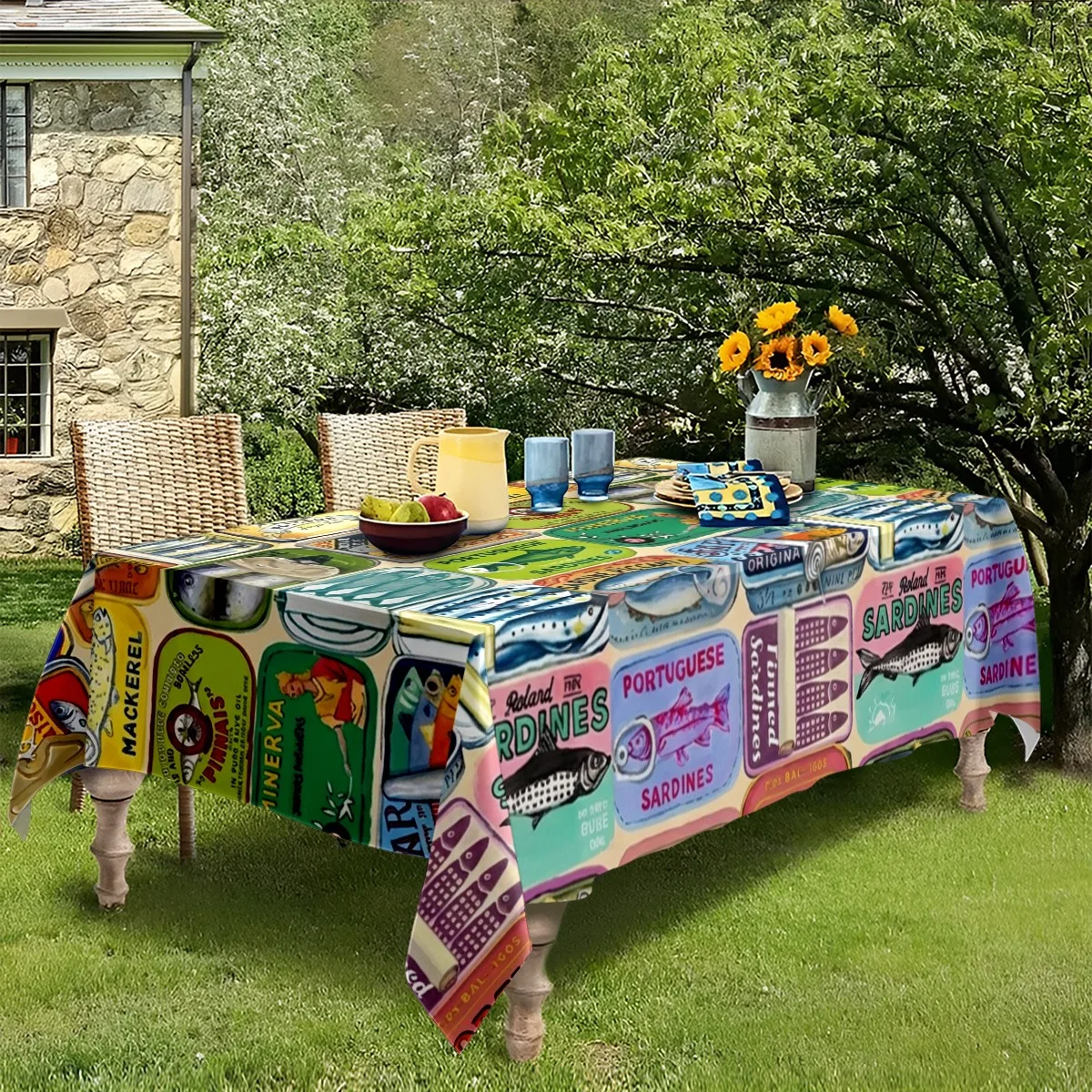 1pc Party Tablecloth Retro Sardine Can Pattern Colorful Printed Tablecloth, Machine Washable for Home Dining, Kitchen, Picnic, Party And Holiday Celebrations, Durable Tablecloth, All-Season Universal Table Decoration, Rectangular Tablecloth