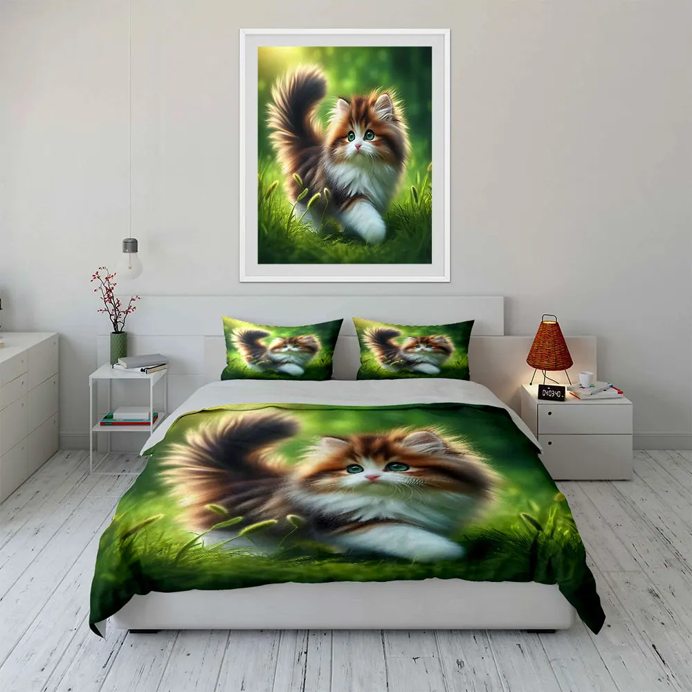 3pcs Fluffy kitten walking on grass Print Soft Comfortable Duvet Cover Bedding Set Included 1*Duvet Cover  2*Pillowcases