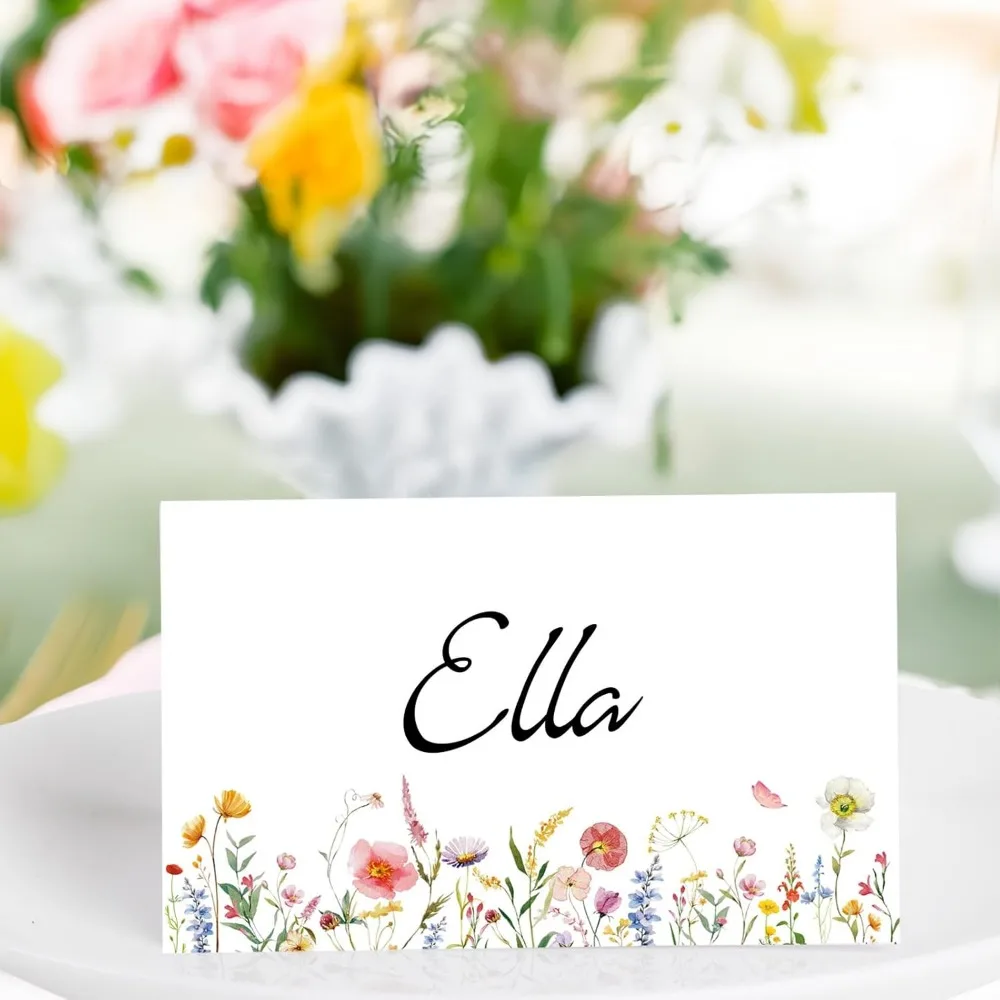 50 قطعة من بطاقات مكان الزهرة البرية لإعداد الطاولة بطاقات خيمة اسم الطاولة الزهرية لحفلات الزفاف والخطوبة وحفلات أعياد الميلاد