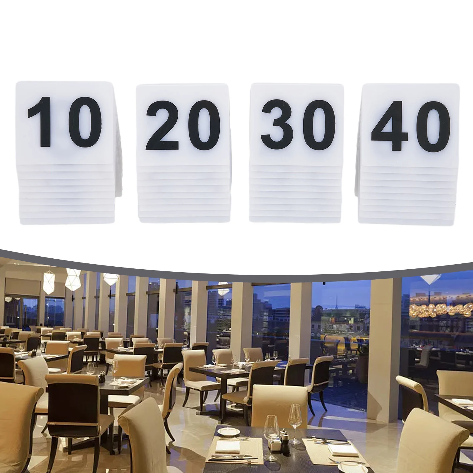 

Restaurant table number signs set of 20 or 40 pieces featuring bold black numbers on white acrylic for easy table management