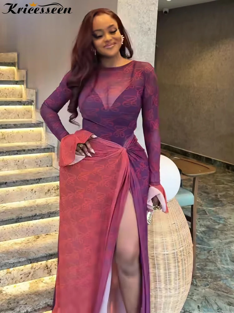 فستان ماكسي نسائي مثير من Kricesseen بقماش شفاف متدرج مطبوع بفتحة عالية وأكمام مضيئة وكفة ملتوية مكشكشة فستان ملهى ليلي #1