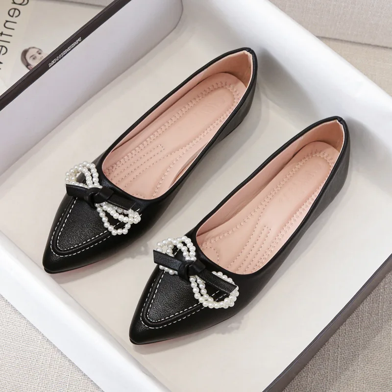 Big Size 33-43 Women Girls Flats Low Heel Pearls Bowknot Pumps Office Lady Leahter Shoes Slip on Female Boat Shoes Ballet Flats