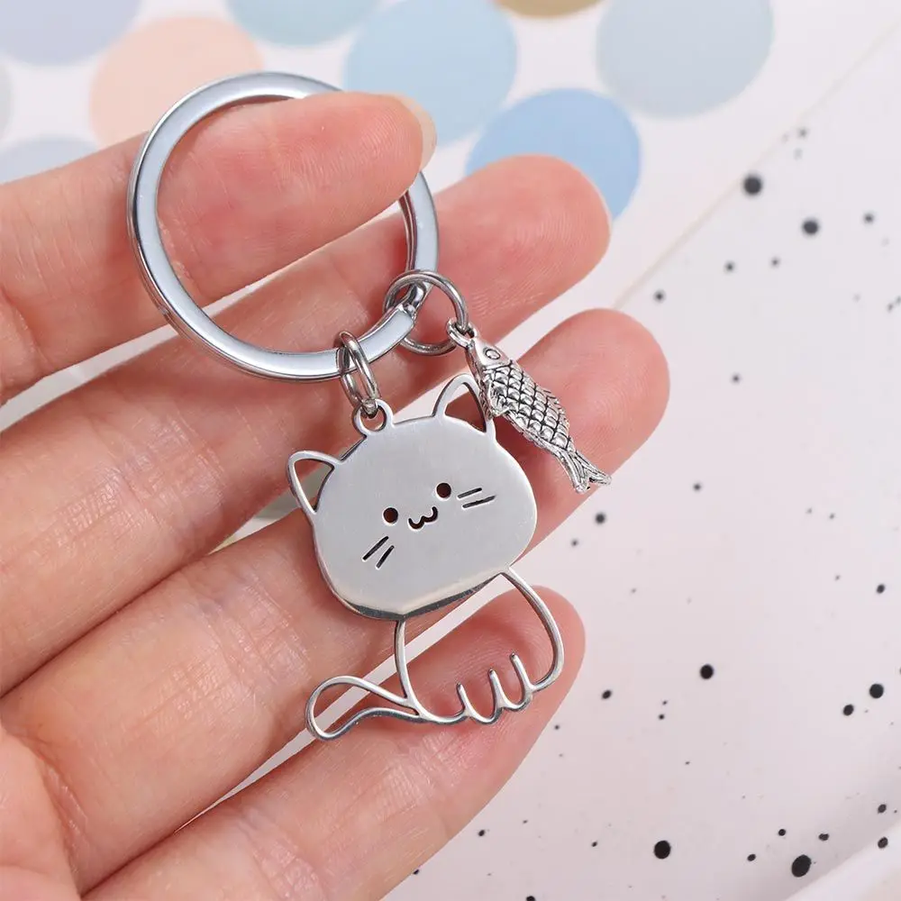Funny Stainless Steel Cat Fish Keychain Key Holder Couple Lovers Cat Key Ring Animal Cartoon Kittens Keychain Bag Charm