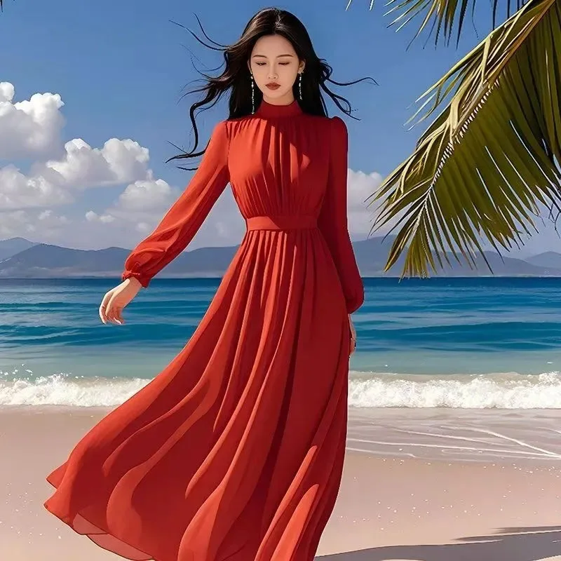 

New Women's Beach Holiday Waist Long Dress Spring Summer Pullover Long-sleeved Dresses Senior Sense Female Casual Swing Skirt