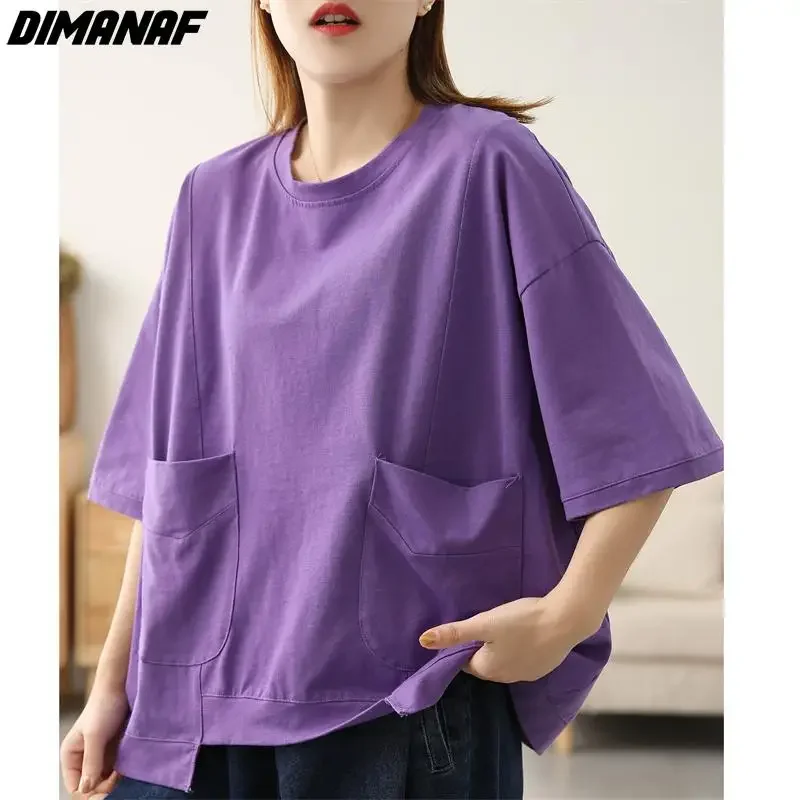 

Dimanaf Plus Size 2024 Summer Pattern Women T-Shirts Cotton Lady Tops Tunic Tees Casual Shirt 2022 Purple Green