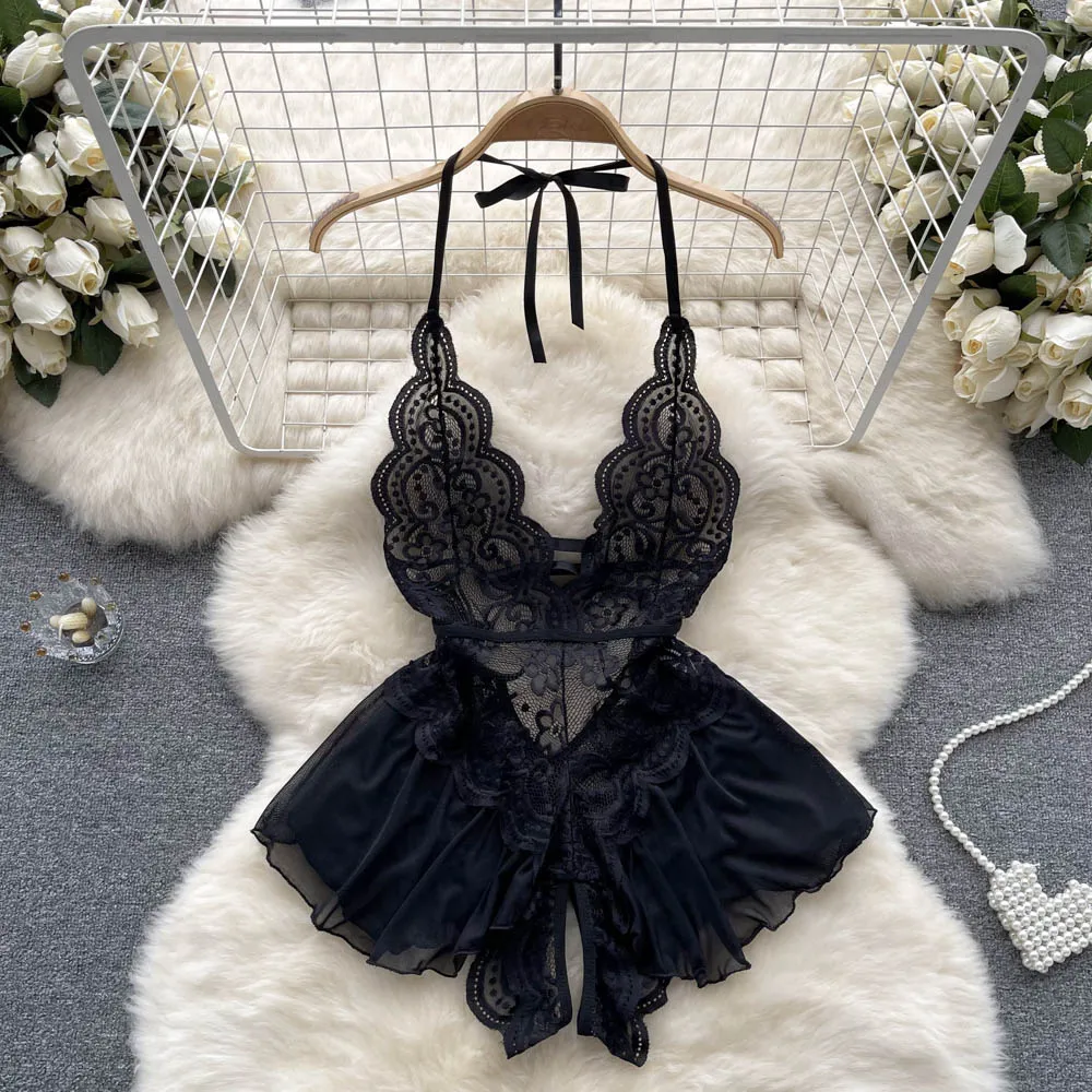 

Halter Chain Cosplay Perspective Hollow Combination Tight Suspender jumpsuit Slim Waist Sexy Mesh Lace Sexy Pajamas Black Cloth