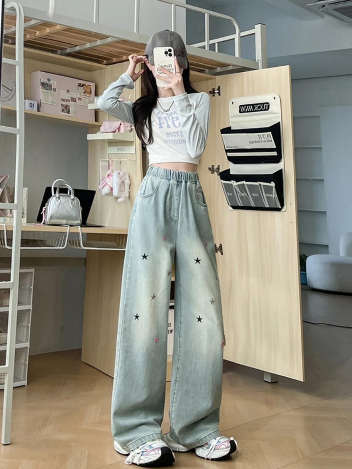 

plus Size Women's Fleece Lined Thickened Lazy High Waist Star Embroidery Loose Straight Leg Wide Leg Jeans Casual Denim Pants