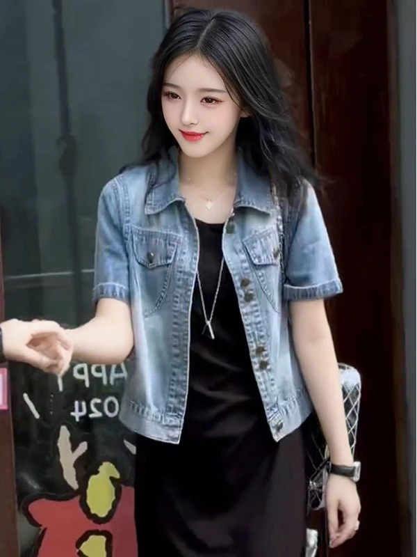 سترة نسائية ort Denim Jaet صيف 2025 تصميم جديد هونج كونج Sle ريترو بياقة مقلوبة ort Sve irt توب فضفاض مناسب ولكن...