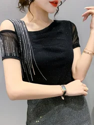 슬림핏 어깨 노출 반팔 티셔츠 여성 패셔너블 여름 상의 다이아몬드 장식 레이스 메쉬 라운드넥 티