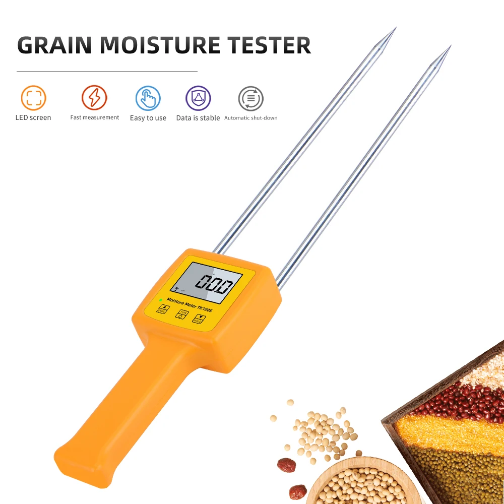 TK100S Grain Moisture Meter Portable Grain Humidity Content Detector LCD Digital Hygrometer for Corn Rice Soya Bean Wheat Flour