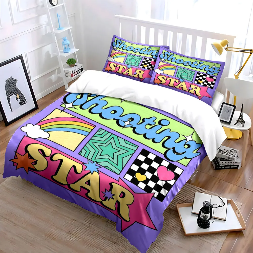Neon art collage with rainbow stars Printed Duvet Cover Set 1 Duvet Cover+2 Pillowcase Multi Size Bedroom Bedding Decor