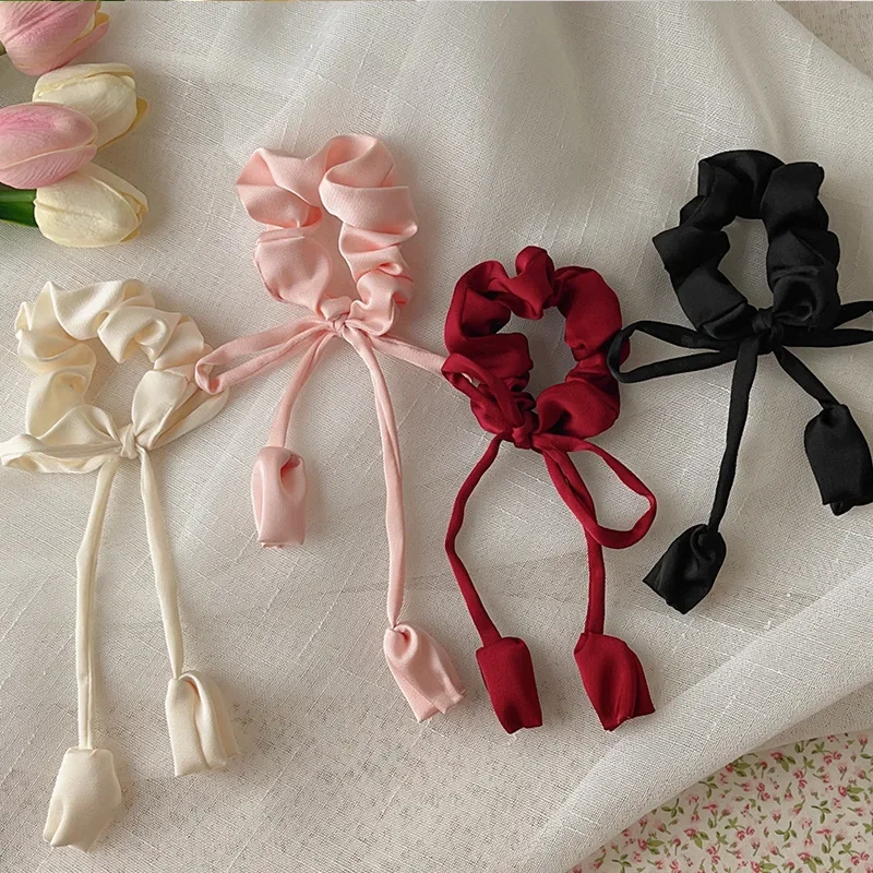 Tulip ribbon intestinal ring, hair band, satin bow, high-end, simple and elegant, tassel hair tie, elastic hair tie