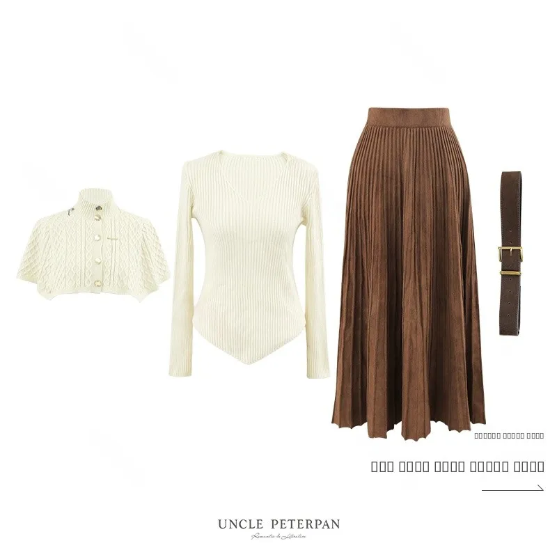 

Комплект из вязаной юбки с длинным рукавом и эластичной талией от Auntie Pan, французский стиль, модный, для осени, зимы и весны, женский комплект.