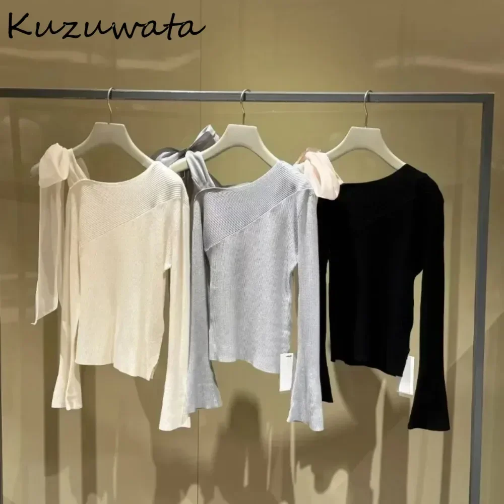 Kuzuwata Casual Skew Collar Flare Sleeve Off Shoulder Tops Lace Up Bow Slim Fit Sweet Pull Femme Japan New Women Knit Pullovers