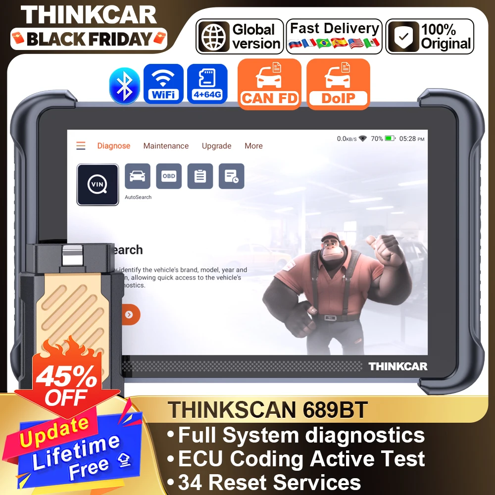 THINKCAR THINKSCAN 689BT Car Scanner CANFD DOIP OBD2 Diagnostic Tool 34 Reset Full System ECU Coding Bi-Directional Control Scan