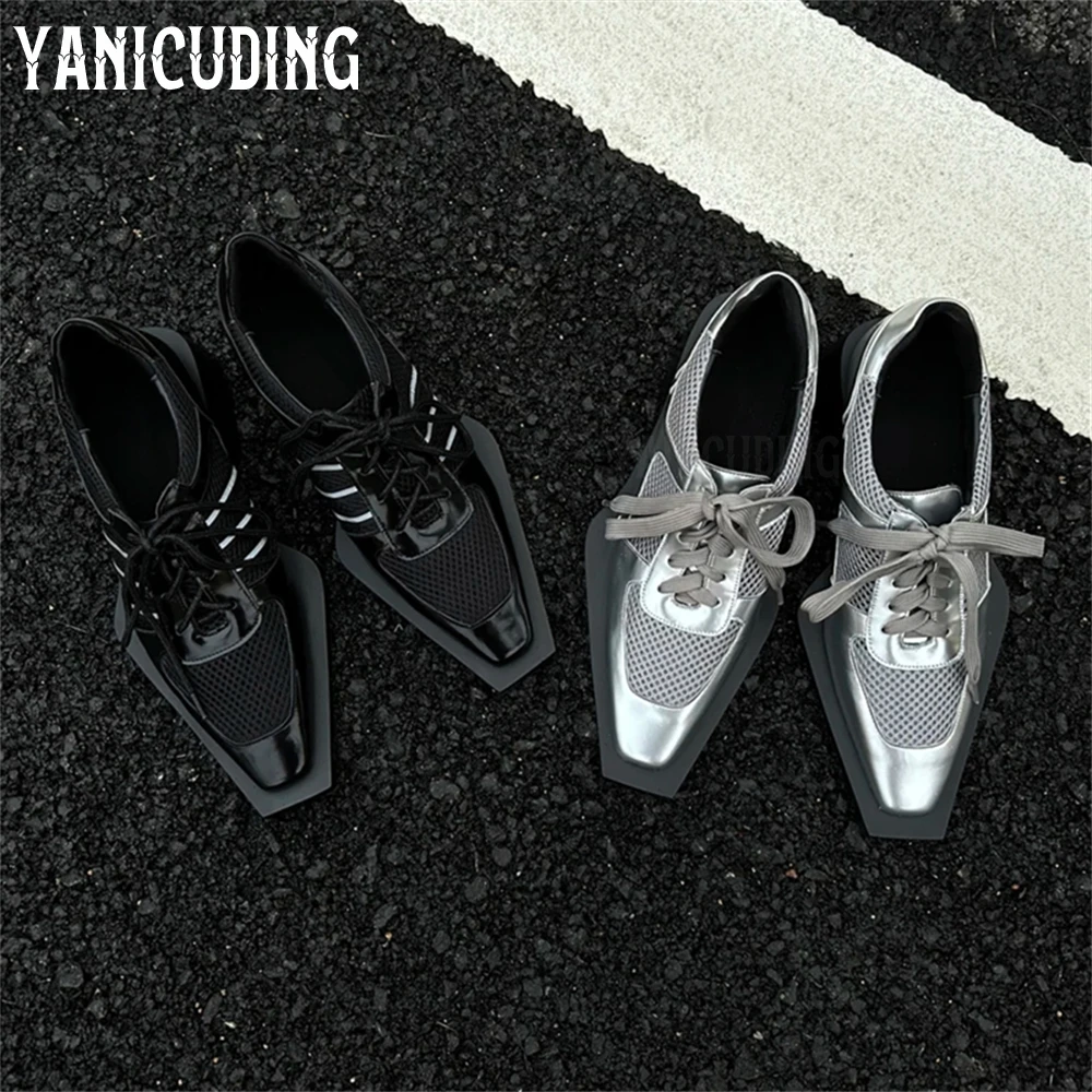 

Novelty Designer Style Casual Shoes for Women Fashion Black Mesh Comfortable Shoes Punk Lace-Up Stitching Shoes New Arrival Sale