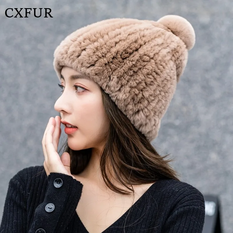 

American Christmas Selling Soft Women Genuine Rex Rabbit Fur Hat with Pompom CX-C-203A