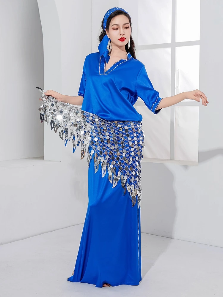 Traje de danza del vientre ligero de lujo Folk Baladi satén bata de taladro caliente traje de actuación de práctica de danza Oriental