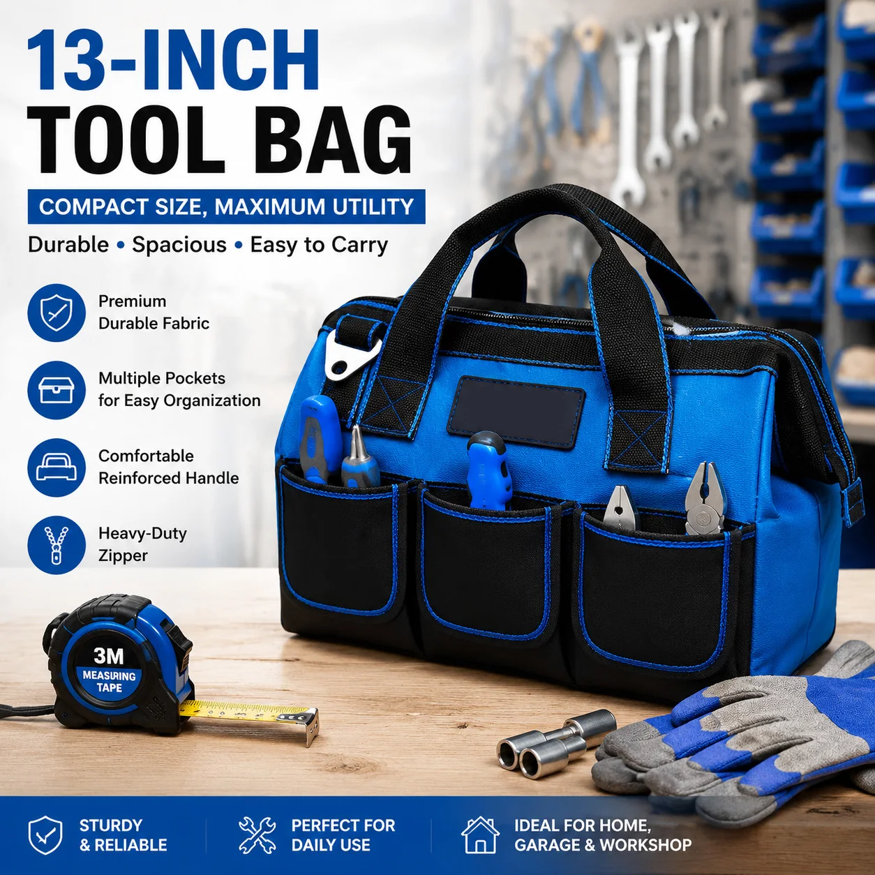 13 Inch Oxford Canvas Waterproof Tool Bag with Large Capacity Electrician Repair Storage Multifunctional Craftsman Organizer