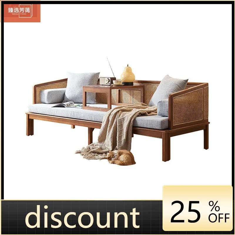 

LH antique rattan solid wood sofa bed wabi-sabi wind living room fabric removable sofa
