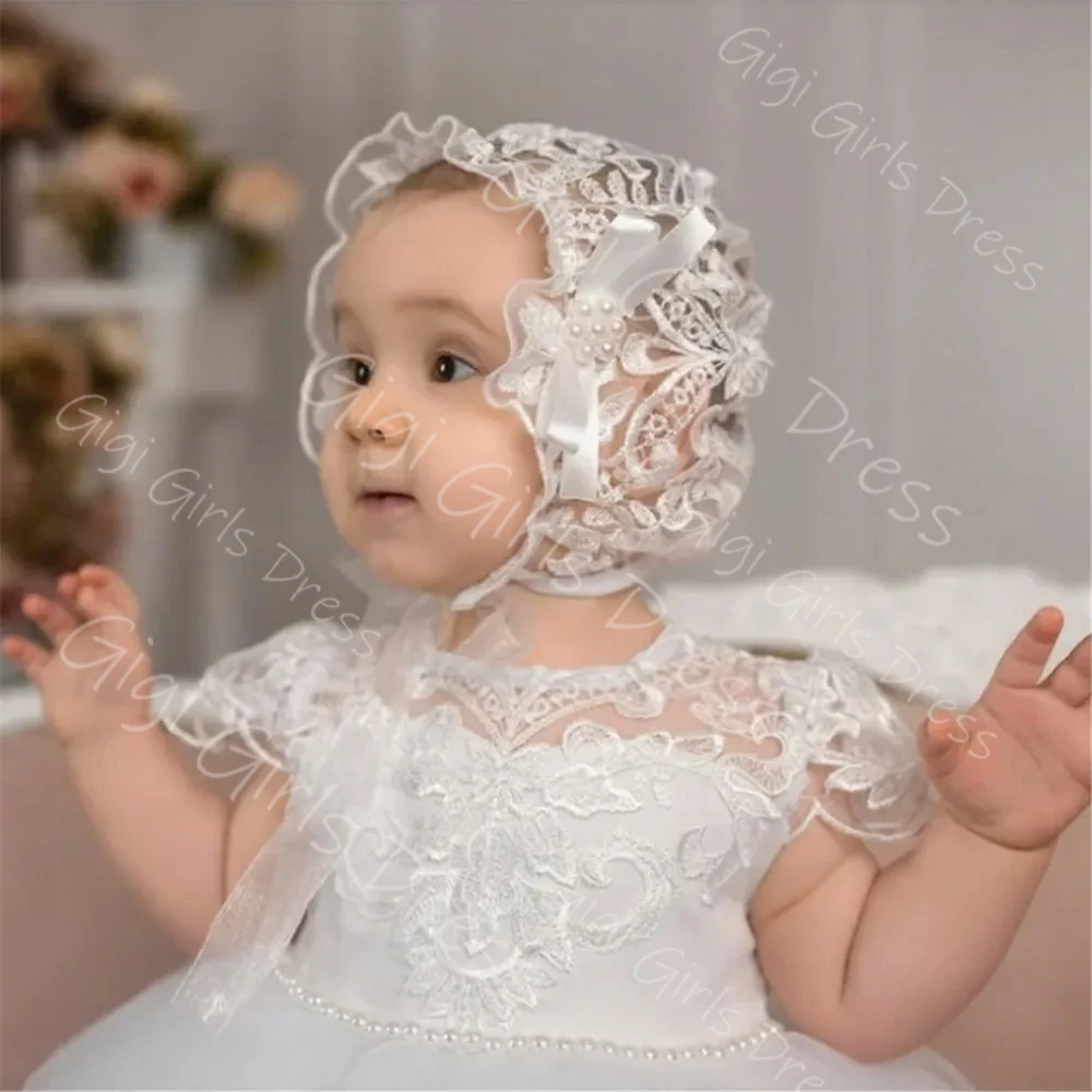 Baby Girls White Christening Dress Cap Sleeves Lace Tulle Flower Girl Dress with Bow Toddlers Baptism Communion Party Ball Gown