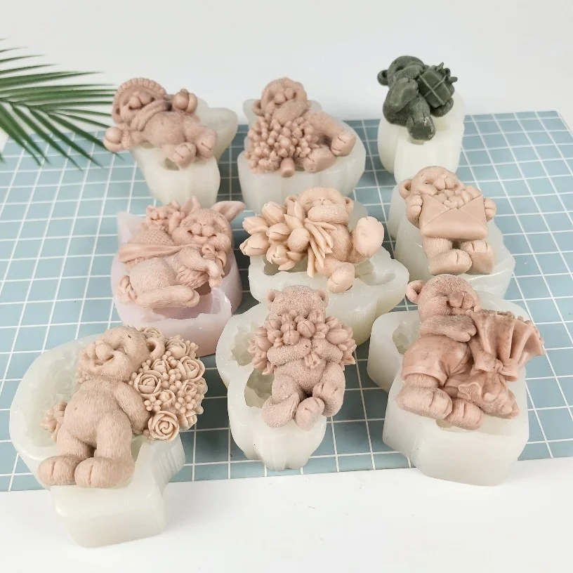 

Teddy Bears Mold Flower Bouquet, Christmas Tree, Love Letter,Tulip, Gift Box,Bear Soap Molds Silicone 2D Wedding Birthday Clay