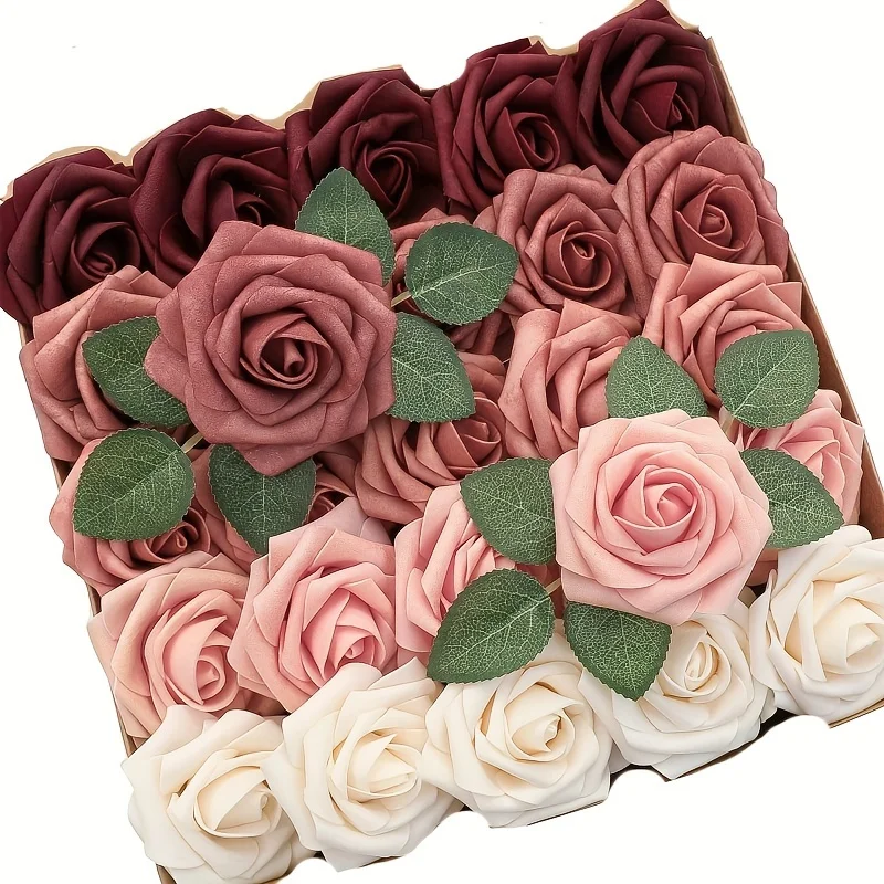 Fiori artificiali 25 pezzi dall\'aspetto reale arancione bruciato Ombre colori schiuma rose finte con steli per bouquet da sposa fai da te Showe da