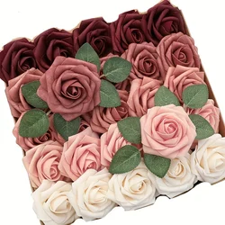 Fiori artificiali 25 pezzi dall'aspetto reale arancione bruciato Ombre colori schiuma rose finte con steli per bouquet da sposa fai da te Showe da sposa