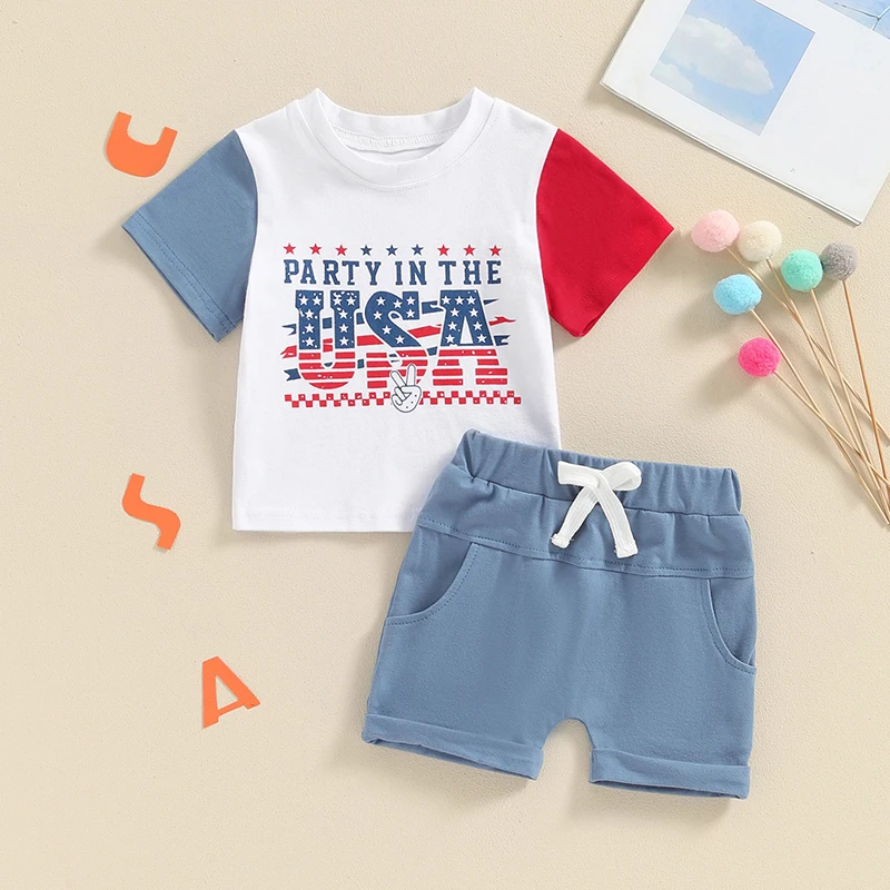 

Lioraitiin Toddler Boys 4th of July Outfits Stripe Letter Star Contrast Color Short Sleeve T-Shirts Tops and Shorts Clothes Set