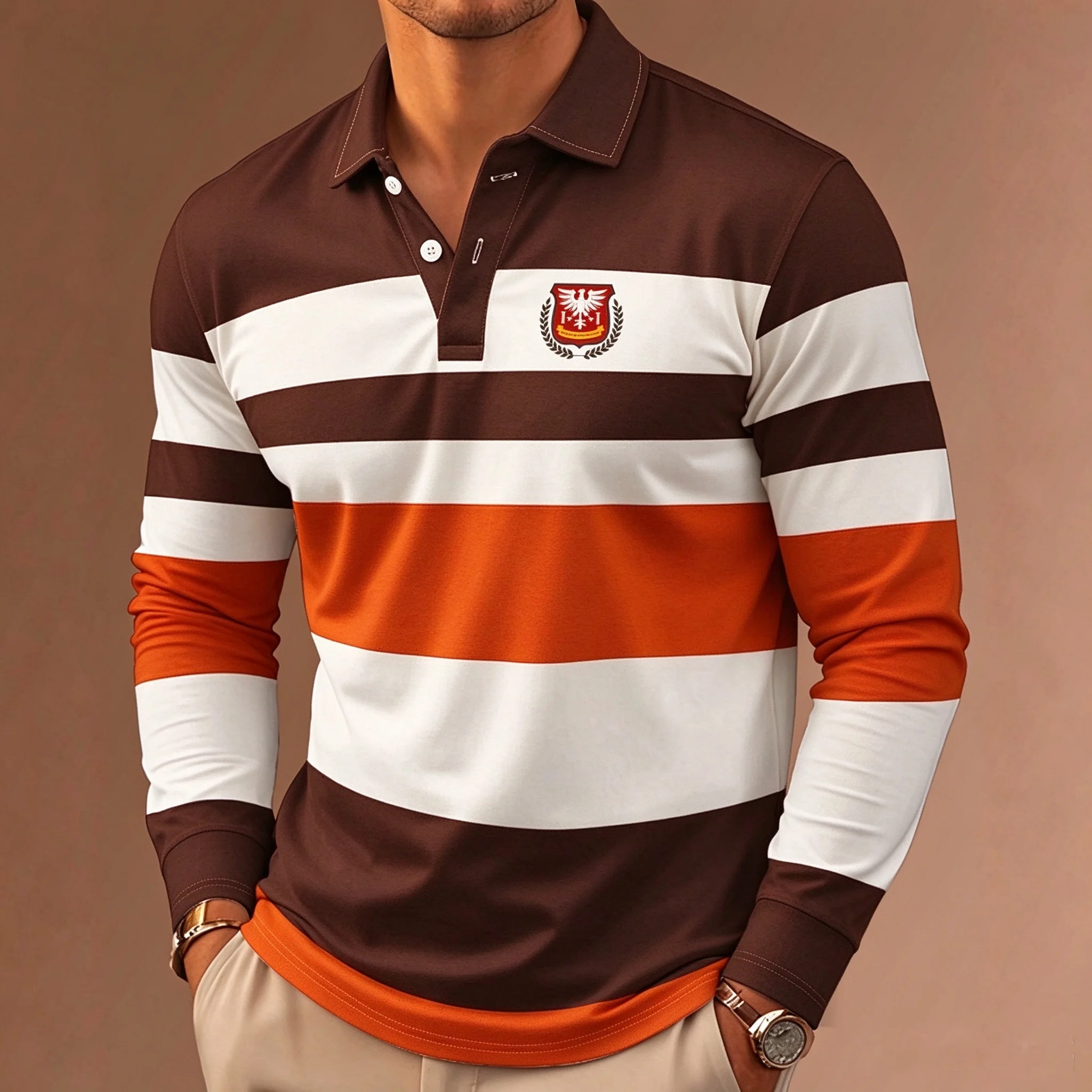 2026 New Classic Stripe Printed Men's Long Sleeve Polo Shirts Autumn Casual Comfortable Fit Button Polo Tops Street Man Pullover
