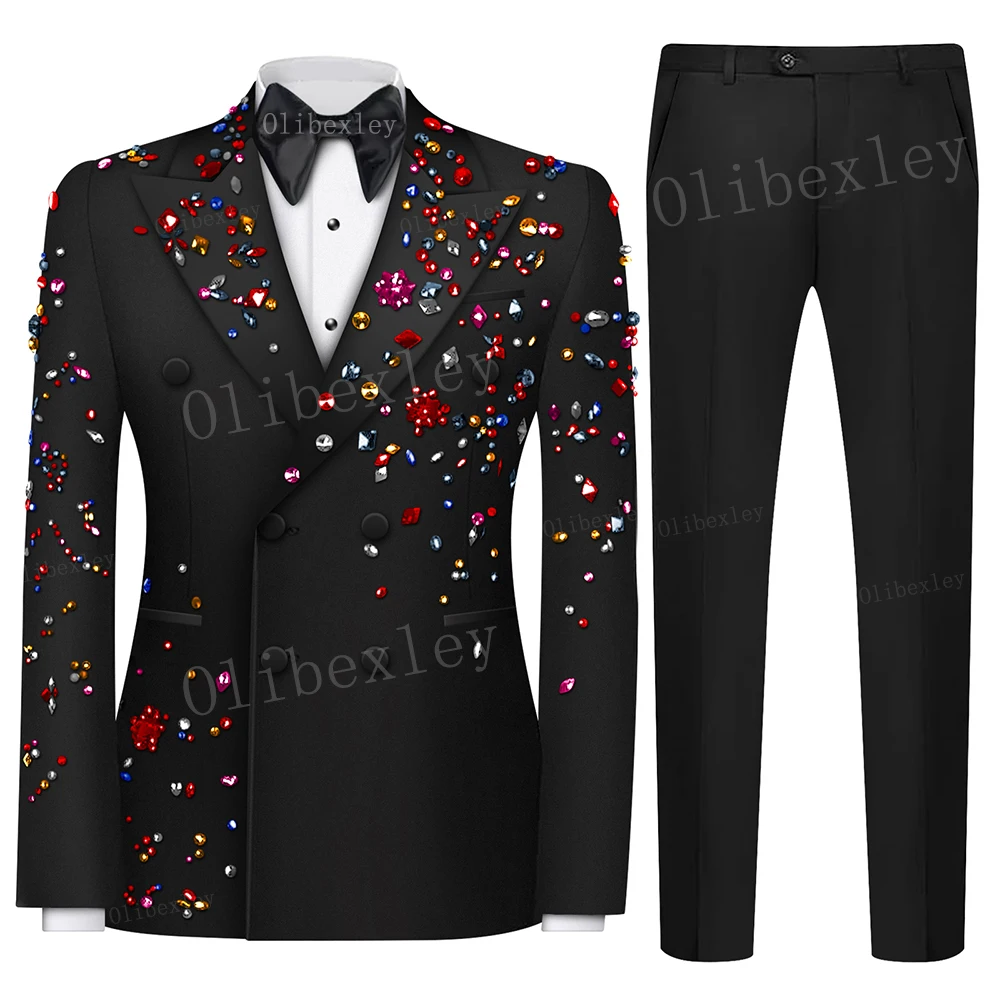 Olibexley Luxury 2 Pieces Suits for Men Beads Decoraction Groom Wedding Blazer Formal Party Prom Suits Blazer+Pants for Party