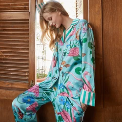 Spring Autumn Female Pajamas Set Novelty Print Flower Sleepwear Long Sleeve Shirt&Pant Pijamas Suit Loose Silky Satin Home Wear