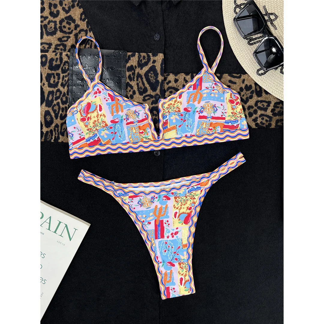 Sexy bedruckter V-förmiger Bikini mit hohem Beinausschnitt, Damen-Badeanzug, zweiteiliges Bikini-Set, Badebekleidung, Badeanzug, Schwimmbikini V4745 – Detail 11