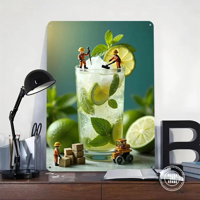 Miniature Workers Building a Mojito Tin Plaque Poster Customized Retro Wall Art Vintage Metal Signs for Room Bedroom Decoration