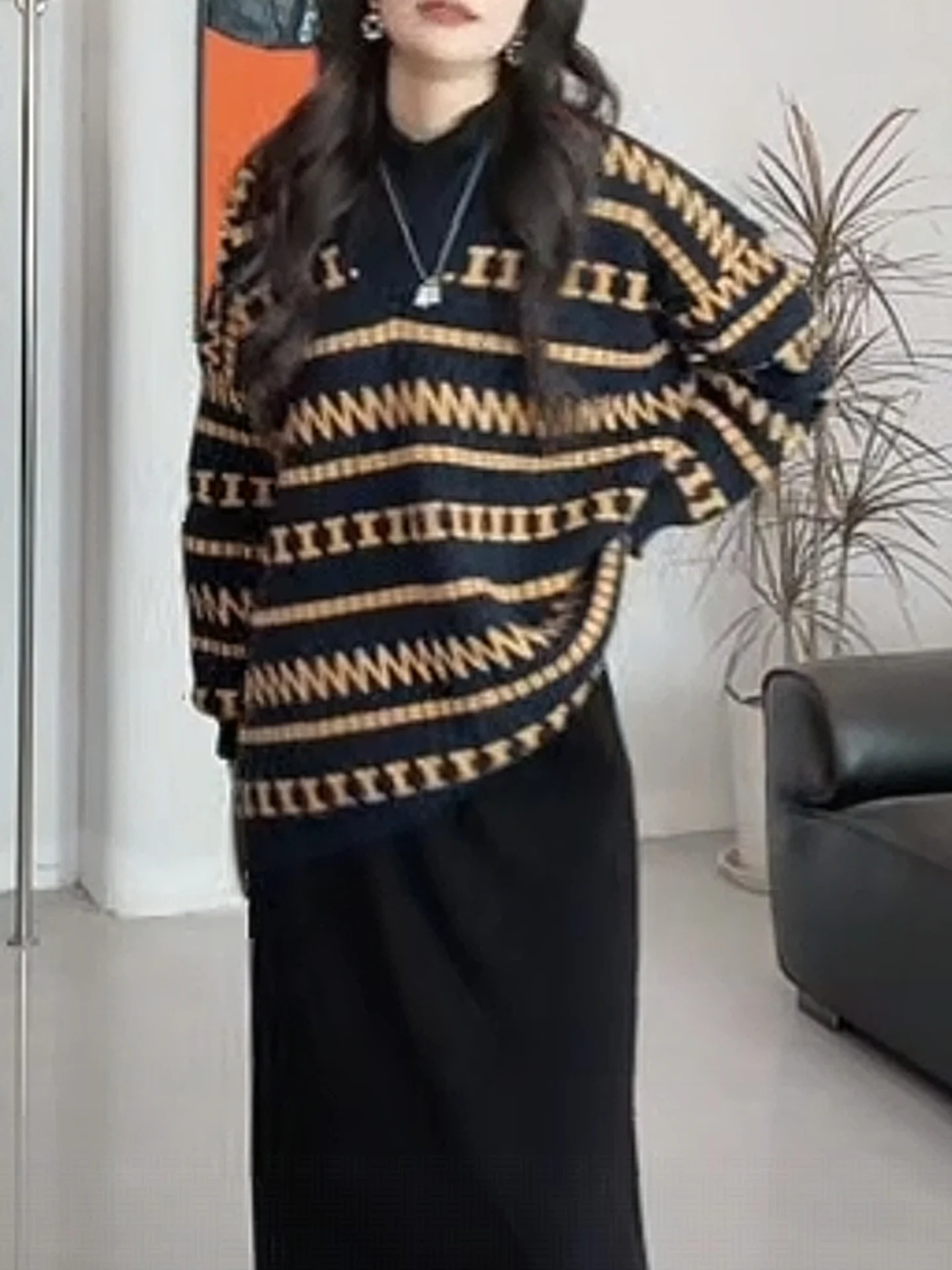 

Новый зимний свитер в стиле ретро: геометрический узор, мягкий, свободный крой, V-образный вырез, для женщин, повседневный, уютный