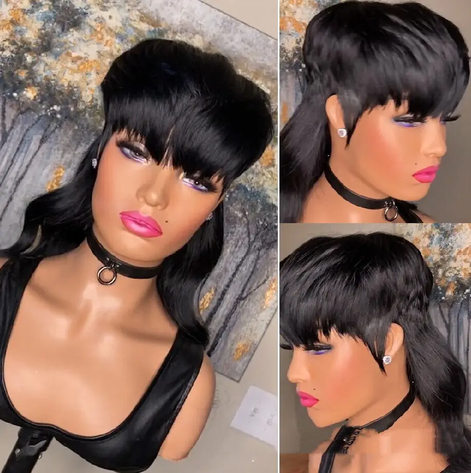 Women Machine Made  With Bangs Mullet Wave Glueless Black Hair Wigs Natural