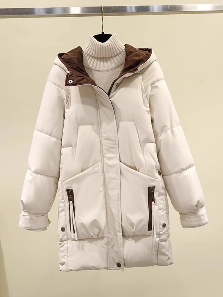 

Новая зимняя женская утепленная хлопковая куртка больших размеров с капюшоном, средней длины, верхняя одежда