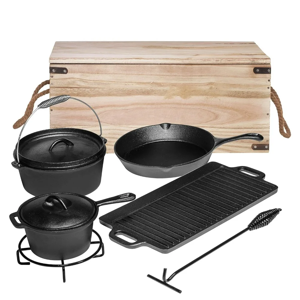 Pre Seasoned Cast Iron Pots And Pans Dutch Oven With Lids For Outdoor Comefire. Grill Cookware Skillet Sets With Storage Box