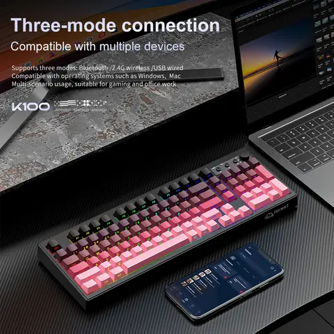 FREEWOLF K100 Cicha Klawiatura Mechaniczna Bezprzewodowa z Pokrętłem Multimediowym | Druk boczny Podświetlany | 4000 mAh | 26 klawiszy z funkcją rollover dla biura/gier