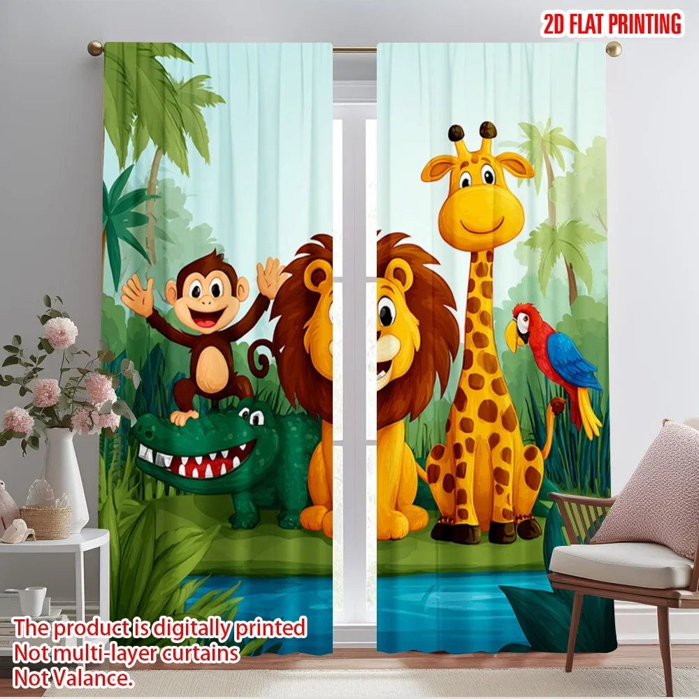 

2pcs 2D flat printing Window Drapes Cute Jungle Animals Cartoon Theme Polyester Without Electricity Festive Curtains for Booths