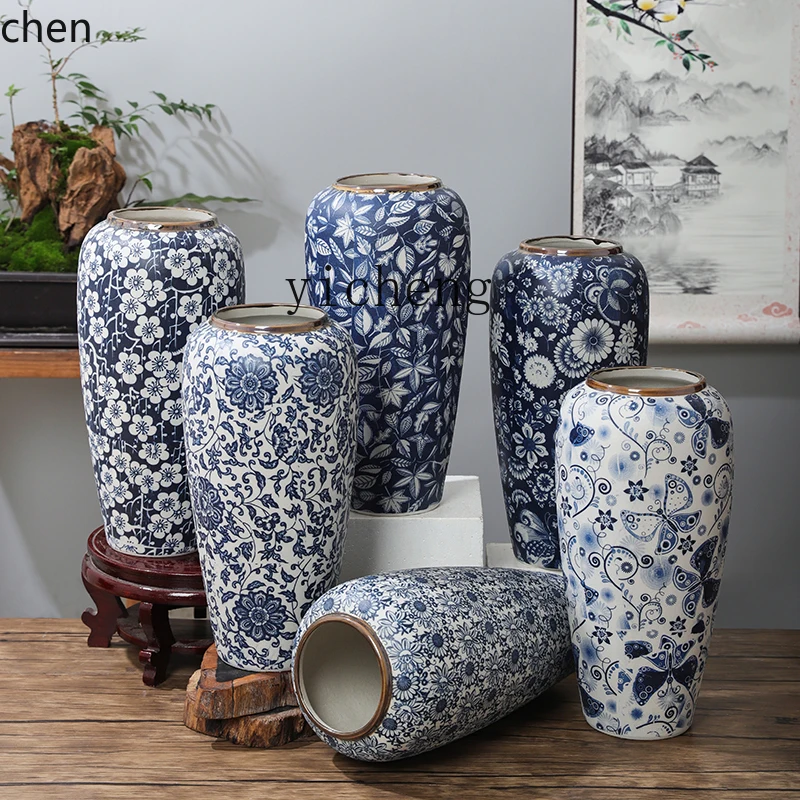 ZML Blue and White Ceramic Vase Dried Flower Ornament Flower Arrangement Home Decor Model Room Vintage Vase Chinese Style Vase